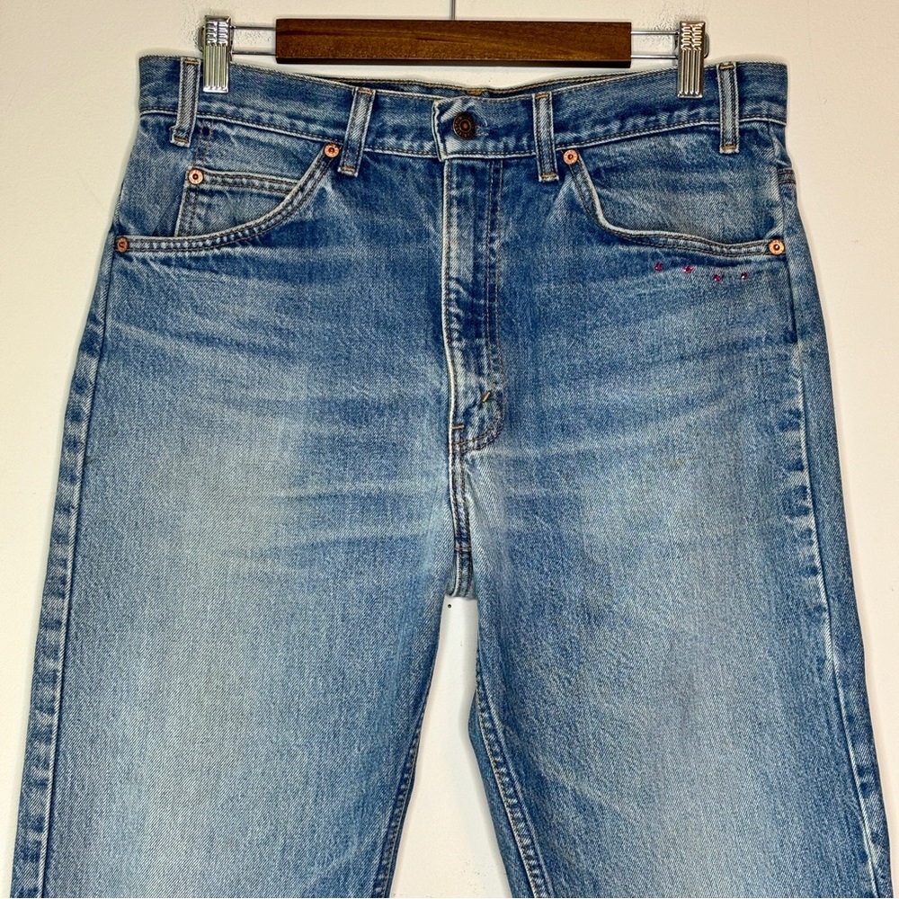 Levi's 505 Vintage Y2K Orange Tag Nooshin Upcycle Bandana Hem Rhinestone Jean 33 - Picture 2 of 14